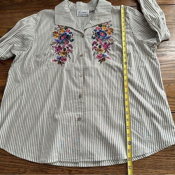 Linea by Louis‎ Dell'Olio Tan Stripe Colorful Embroidered Flowers Blouse Size XL - Picture 5 of 6